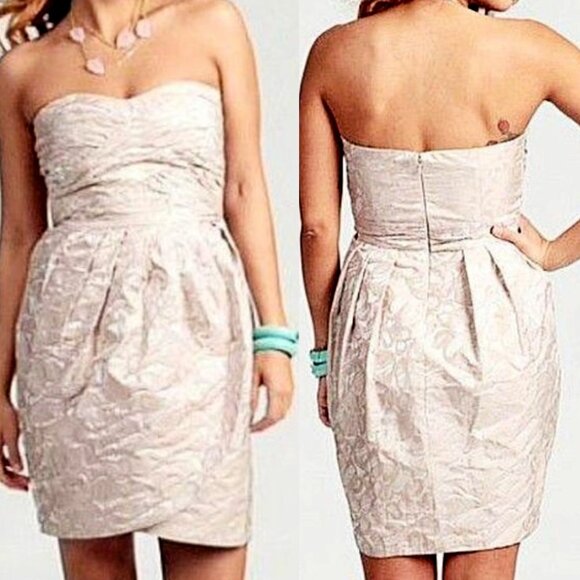 Max And Cleo Beige Taffeta Jacquard Strapless Cocktail Prom Dress Size 6 NWT - Picture 1 of 15